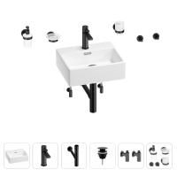 Раковина для ванной Wellsee Graceful Pro 201006627 в наборе 9 в 1: раковина белого глянцевого цвета, смеситель, сифон, донный клапан, угловые вентили, аксессуары (цвет набора матовый черный)