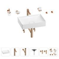 Раковина для ванной Wellsee Pure BY Wellsee 201006399 в наборе 9 в 1: раковина белого глянцевого цвета, высокий смеситель, сифон, выпуск, угловые вентили, аксессуары (цвет розовое золото)