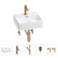 Раковина для ванной Wellsee Graceful Pro 201004564 в наборе 5 в 1: раковина белого глянцевого цвета, смеситель, сифон, донный клапан, угловые вентили (цвет набора розовое золото)