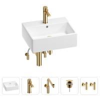 Раковина для ванной Wellsee Graceful Pro 201004623 в наборе 5 в 1: раковина белого глянцевого цвета, смеситель, сифон, донный клапан, угловые вентили (цвет набора золото)