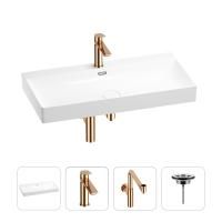 Раковина для ванной Wellsee Bromance 201003894 в наборе 4 в 1: раковина белого глянцевого цвета, смеситель, сифон, выпуск (цвет набора розовое золото)