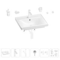 Раковина для ванной Wellsee FreeDom 201006965 в наборе 9 в 1: раковина белого глянцевого цвета, смеситель, сифон, донный клапан, угловые вентили, аксессуары (цвет набора матовый белый)
