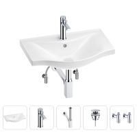 Раковина для ванной Wellsee Bisou 201005191 в наборе 5 в 1: раковина белого глянцевого цвета, смеситель, сифон, донный клапан, угловые вентили (цвет набора хром)