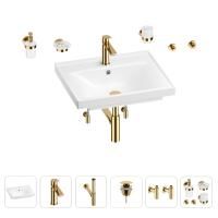 Раковина для ванной Wellsee FreeDom 201006983 в наборе 9 в 1: раковина белого глянцевого цвета, смеситель, сифон, донный клапан, угловые вентили, аксессуары (цвет набора золото)