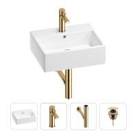 Раковина для ванной Wellsee Graceful Pro 201002928 в наборе 4 в 1: раковина белого глянцевого цвета, смеситель, сифон, донный клапан (цвет набора золото)