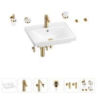 Раковина для ванной Wellsee FreeDom 201006948 в наборе 9 в 1: раковина белого глянцевого цвета, смеситель, сифон, донный клапан, угловые вентили, аксессуары (цвет набора золото)