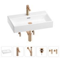 Раковина для ванной Wellsee Graceful Pro 201004634 в наборе 5 в 1: раковина белого глянцевого цвета, смеситель, сифон, донный клапан, угловые вентили (цвет набора розовое золото)