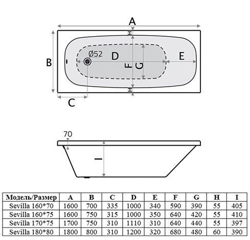 Акриловая ванна Alba Spa Sevilla ВПР0170100100 прямоугольная 180х80