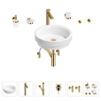 Раковина для ванной Wellsee Doux 201006088 в наборе 9 в 1: раковина белого глянцевого цвета, высокий смеситель, сифон, донный клапан, угловые вентили, аксессуары (цвет золото)