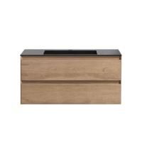 Тумба Vincea Luka 1000 подвесная, 2 выкатных ящика soft-close, N.Oak с умывальником VCB-13100B из кварца, цвет черный