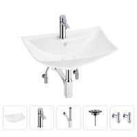 Раковина для ванной Wellsee Cerulean 201004691 в наборе 5 в 1: раковина белого глянцевого цвета, смеситель, сифон, выпуск, угловые вентили (цвет набора хром)