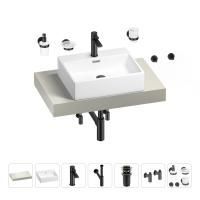 Раковина 50 см со столешницей 80 см Wellsee Graceful Pro 201012397 в наборе 10 в 1: столешница, раковина, смеситель, сифон, донный клапан, угловые вентили, аксессуары (цвет матовый черный)