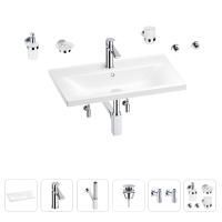Раковина для ванной Wellsee FreeDom 201007061 в наборе 9 в 1: раковина белого глянцевого цвета, смеситель, сифон, донный клапан, угловые вентили, аксессуары (цвет набора хром)