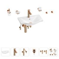 Раковина для ванной Wellsee Bisou 201007144 в наборе 9 в 1: раковина белого глянцевого цвета, смеситель, сифон, донный клапан, угловые вентили, аксессуары (цвет набора розовое золото)