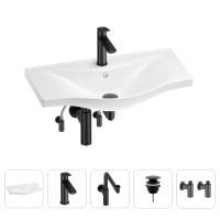 Раковина для ванной Wellsee Bisou 201005317 в наборе 5 в 1: раковина белого глянцевого цвета, смеситель, сифон, донный клапан, угловые вентили (цвет набора матовый черный)