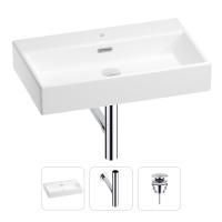 Раковина для ванной Wellsee Graceful Pro 201001361 в наборе 3 в 1: прямоугольная раковина белого глянцевого цвета, сифон, донный клапан в цвете хром