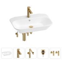 Раковина для ванной Wellsee Eclatant 201005418 в наборе 5 в 1: раковина белого глянцевого цвета, смеситель, сифон, донный клапан, угловые вентили (цвет набора золото)
