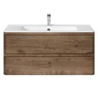Тумба Vincea Vico 1000 подвесная, 2 выкатных ящика soft close, V.Oak с умывальником VCB-2VP1000W из искусственного камня, цвет белый