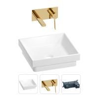 Раковина для ванной Wellsee Doux 201000648 в наборе 2 в 1: квадратная раковина белого глянцевого цвета, встраиваемый смеситель в цвете золото