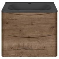 Тумба Vincea Paola 600 подвесная, 2 выкатных ящика soft close, V.Oak с умывальником VCB-2VP600B из кварцевого камня, цвет черный