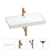 Раковина для ванной Wellsee Bromance 201003874 в наборе 4 в 1: раковина белого глянцевого цвета, смеситель, сифон, выпуск (цвет набора розовое золото)