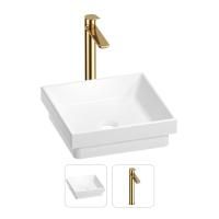 Раковина для ванной Wellsee Doux 201000633 в наборе 2 в 1: квадратная раковина белого глянцевого цвета, высокий смеситель в цвете золото