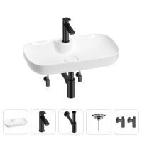 Раковина для ванной Wellsee Croquis 2.0 201004052 в наборе 5 в 1: раковина белого глянцевого цвета, смеситель, сифон, выпуск, угловые вентили (цвет набора матовый черный)