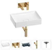 Раковина для ванной Wellsee Pure BY Wellsee 201002673 в наборе 4 в 1: раковина белого глянцевого цвета, встраиваемый смеситель, сифон, выпуск (цвет набора золото)