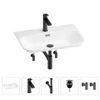 Раковина для ванной Wellsee Eclatant 2.0 201005457 в наборе 5 в 1: раковина белого глянцевого цвета, смеситель, сифон, донный клапан, угловые вентили (цвет набора матовый черный)
