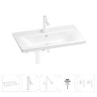 Раковина для ванной Wellsee FreeDom 201004975 в наборе 5 в 1: раковина белого глянцевого цвета, смеситель, сифон, донный клапан, угловые вентили (цвет набора матовый белый)