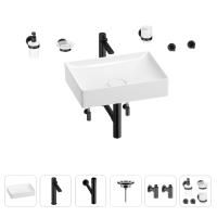 Раковина для ванной Wellsee Pure BY Wellsee 201006397 в наборе 9 в 1: раковина белого глянцевого цвета, высокий смеситель, сифон, выпуск, угловые вентили, аксессуары (цвет матовый черный)