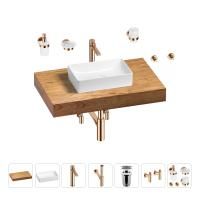 Раковина 42 см со столешницей 80 см Wellsee Pure BY Wellsee 201010744 в наборе 10 в 1: столешница, раковина, высокий смеситель, сифон, выпуск, кран-вентили, аксессуары (цвет розовое золото)