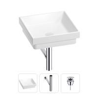 Раковина для ванной Wellsee Doux 201001111 в наборе 3 в 1: квадратная раковина белого глянцевого цвета, сифон, донный клапан в цвете хром