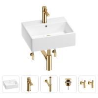 Раковина для ванной Wellsee Graceful Pro 201004613 в наборе 5 в 1: раковина белого глянцевого цвета, смеситель, сифон, донный клапан, угловые вентили (цвет набора золото)