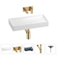 Раковина для ванной Wellsee Pure BY Wellsee 201002713 в наборе 4 в 1: раковина белого глянцевого цвета, встраиваемый смеситель, сифон, выпуск (цвет набора золото)
