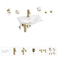 Раковина для ванной Wellsee Bisou 201007148 в наборе 9 в 1: раковина белого глянцевого цвета, смеситель, сифон, донный клапан, угловые вентили, аксессуары (цвет набора золото)