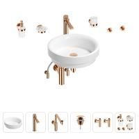 Раковина для ванной Wellsee Doux 201006114 в наборе 9 в 1: раковина белого глянцевого цвета, высокий смеситель, сифон, донный клапан, угловые вентили, аксессуары (цвет розовое золото)