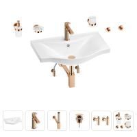 Раковина для ванной Wellsee Bisou 201007314 в наборе 9 в 1: раковина белого глянцевого цвета, смеситель, сифон, донный клапан, угловые вентили, аксессуары (цвет набора розовое золото)