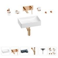 Раковина для ванной Wellsee Pure BY Wellsee 201006289 в наборе 8 в 1: раковина белого глянцевого цвета, встраиваемый смеситель, сифон, выпуск, аксессуары (цвет набора розовое золото)