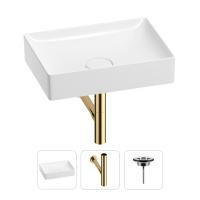 Раковина для ванной Wellsee Pure BY Wellsee 201001238 в наборе 3 в 1: прямоугольная раковина белого глянцевого цвета, сифон, выпуск в цвете золото