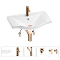Раковина для ванной Wellsee Bisou 201005234 в наборе 5 в 1: раковина белого глянцевого цвета, смеситель, сифон, донный клапан, угловые вентили (цвет набора розовое золото)