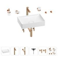 Раковина для ванной Wellsee Pure BY Wellsee 201006414 в наборе 9 в 1: раковина белого глянцевого цвета, высокий смеситель, сифон, выпуск, угловые вентили, аксессуары (цвет розовое золото)
