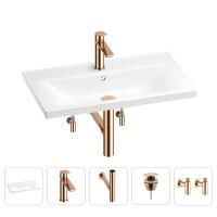Раковина для ванной Wellsee FreeDom 201004999 в наборе 5 в 1: раковина белого глянцевого цвета, смеситель, сифон, донный клапан, угловые вентили (цвет набора розовое золото)
