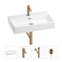 Раковина для ванной Wellsee Graceful Pro 201002979 в наборе 4 в 1: раковина белого глянцевого цвета, смеситель, сифон, донный клапан (цвет набора розовое золото)