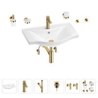 Раковина для ванной Wellsee Bisou 201007338 в наборе 9 в 1: раковина белого глянцевого цвета, смеситель, сифон, донный клапан, угловые вентили, аксессуары (цвет набора золото)
