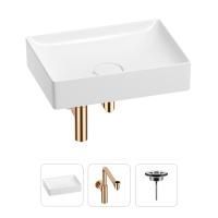 Раковина для ванной Wellsee Pure BY Wellsee 201001249 в наборе 3 в 1: прямоугольная раковина белого глянцевого цвета, сифон, выпуск в цвете розовое золото