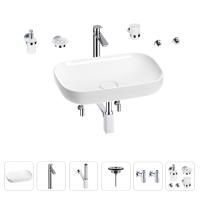 Раковина для ванной Wellsee Croquis 201005646 в наборе 9 в 1: раковина белого глянцевого цвета, высокий смеситель, сифон, выпуск, угловые вентили, аксессуары (цвет хром)