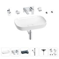 Раковина для ванной Wellsee Croquis 201005696 в наборе 8 в 1: раковина белого глянцевого цвета, встраиваемый смеситель, сифон, выпуск, аксессуары (цвет набора хром)