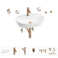 Раковина для ванной Wellsee Calin 201005599 в наборе 9 в 1: раковина белого глянцевого цвета, смеситель, сифон, донный клапан, угловые вентили, аксессуары (цвет набора розовое золото)