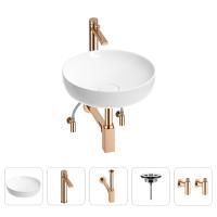Раковина для ванной Wellsee Chalice Perfection 201004269 в наборе 5 в 1: раковина белого глянцевого цвета, высокий смеситель, сифон, выпуск, угловые вентили (цвет набора розовое золото)